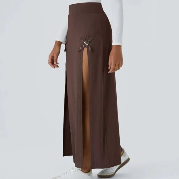 Halara High Waisted Decorative Buckle Split 2-in-1 Maxi Casual Skirt Chestnut L - Picture 3 of 14